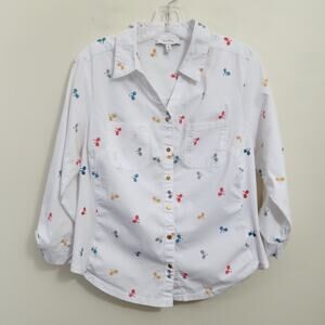 Coral bay colorful bicycle print v-neck button front 3/4 tab sleeve blouse sz M